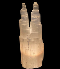 Load image into Gallery viewer, Selenite Twin Tower Lamp Turned On
