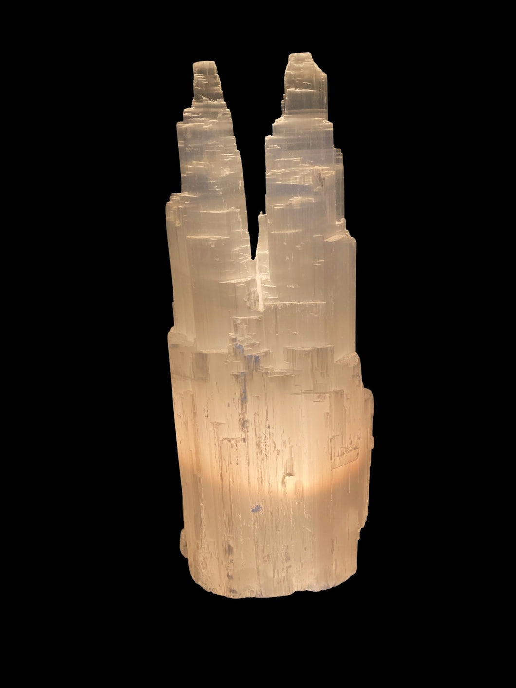 Selenite Twin Tower Lamp Turned On