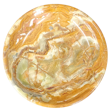 Load image into Gallery viewer, Top View Of Carved Onyx Platter Fruit Bowl Stand Yellow, Brown, Cream Swirl Color Pattern
