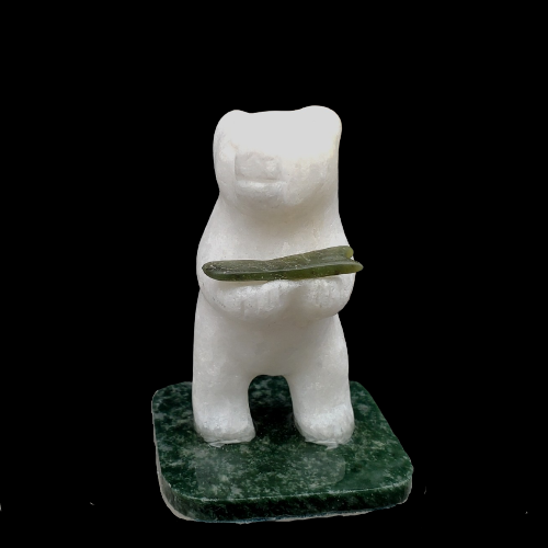 Marble Polar Bear on Stand with Fish