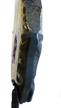 Load image into Gallery viewer, Side View Amethyst Geode Slice On Black Iron Rotating Stand
