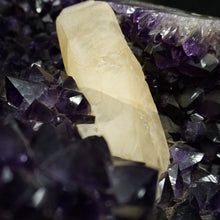 Load image into Gallery viewer, Close Up Of Dog Tooth Calcite Growth On Amethyst  Cluster of Crystals
