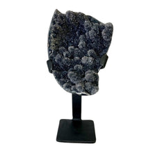 Load image into Gallery viewer, Front View Of Gray Amethyst Druse Specimen On Metal Stand
