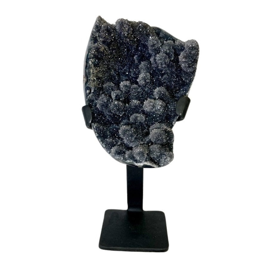 Front View Of Gray Amethyst Druse Specimen On Metal Stand