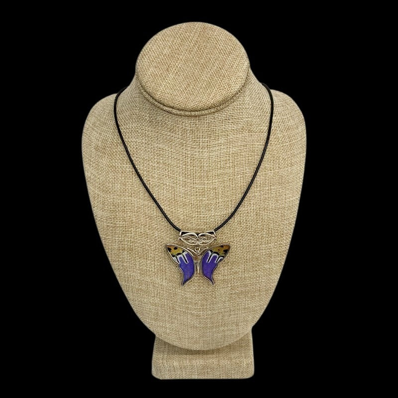 Sterling Silver And Leather Cord Genuine Butterfly Wing Necklace