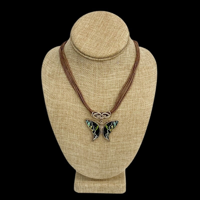 Sterling Silver And Brown Cord Butterfly Pendant Necklace
