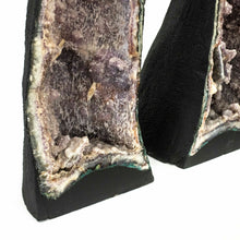 Load image into Gallery viewer, Side View Of Druzy Crystals And Calcite On Amethyst Cathedral Pair
