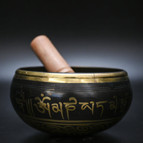 Tibetan Singing Bowl Black With Gold Chakra Symbols