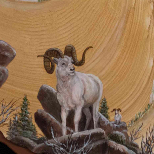 A large cream color big horn sheep with brown Horns standing on a mountain with a small ram in the background