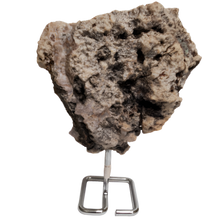 Load image into Gallery viewer, Rough Rock Light Brown Geode Side Back Side Of Pink Amethyst Specimen On Metal Stand
