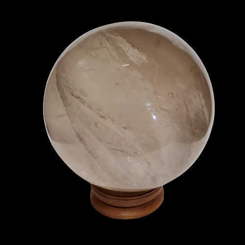 Large Quartz Crystal Ball On Small Brown Wooden Stand