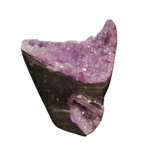 Load image into Gallery viewer, Purple Druzy Quartz Sculpture displaying beautiful crystals throughout and a gray black rough geode exterior
