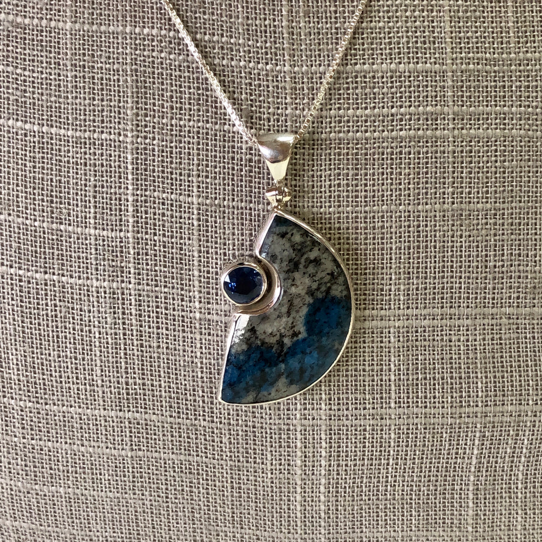 Granite Azurite Blue Topaz Pendant & Sterling Silver Chain