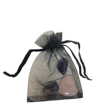 Load image into Gallery viewer, Black Organza Pouch With Polished Heart Rose Quartz and Two Tumbled Amethyst Stones Love Stones Set
