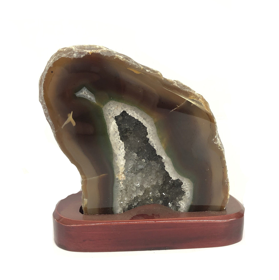 Dark Brown Agate Geode With Clear Druzy Crystals On Wood Stand