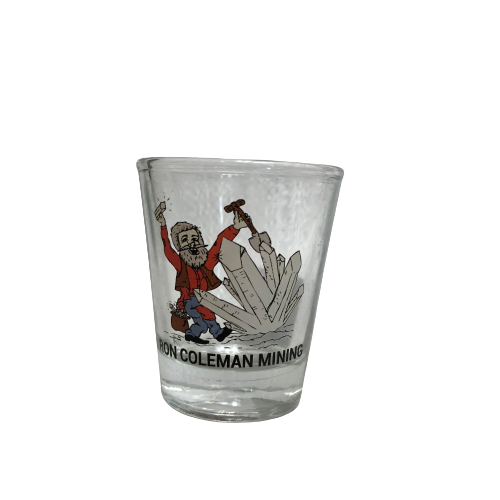 Souvenir 1.75 ounce clear shot glass with Ron Coleman Mining Logo
