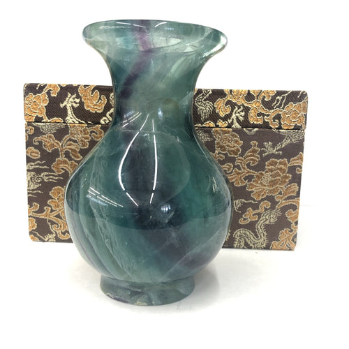 Carved Fluorite Stone Vase Green, Purple, Cream Colors