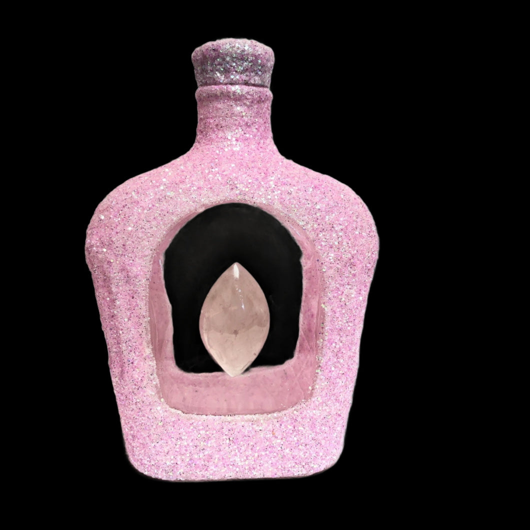 On Sale Upcycled Decorative Bottle Sparkling Pink Rose Quartz Accent
