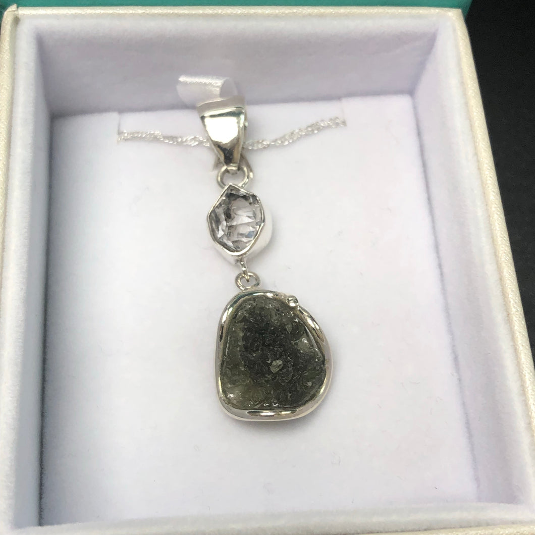 Moldavite Herkimer Diamond Sterling Pendant Necklace