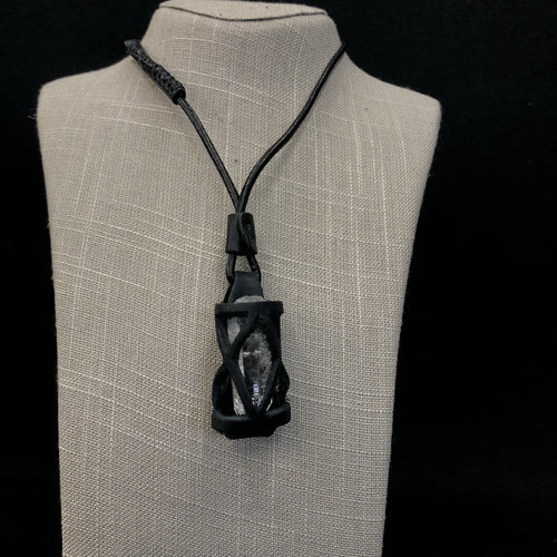 Black Leather Cord Crystal Cage Necklace