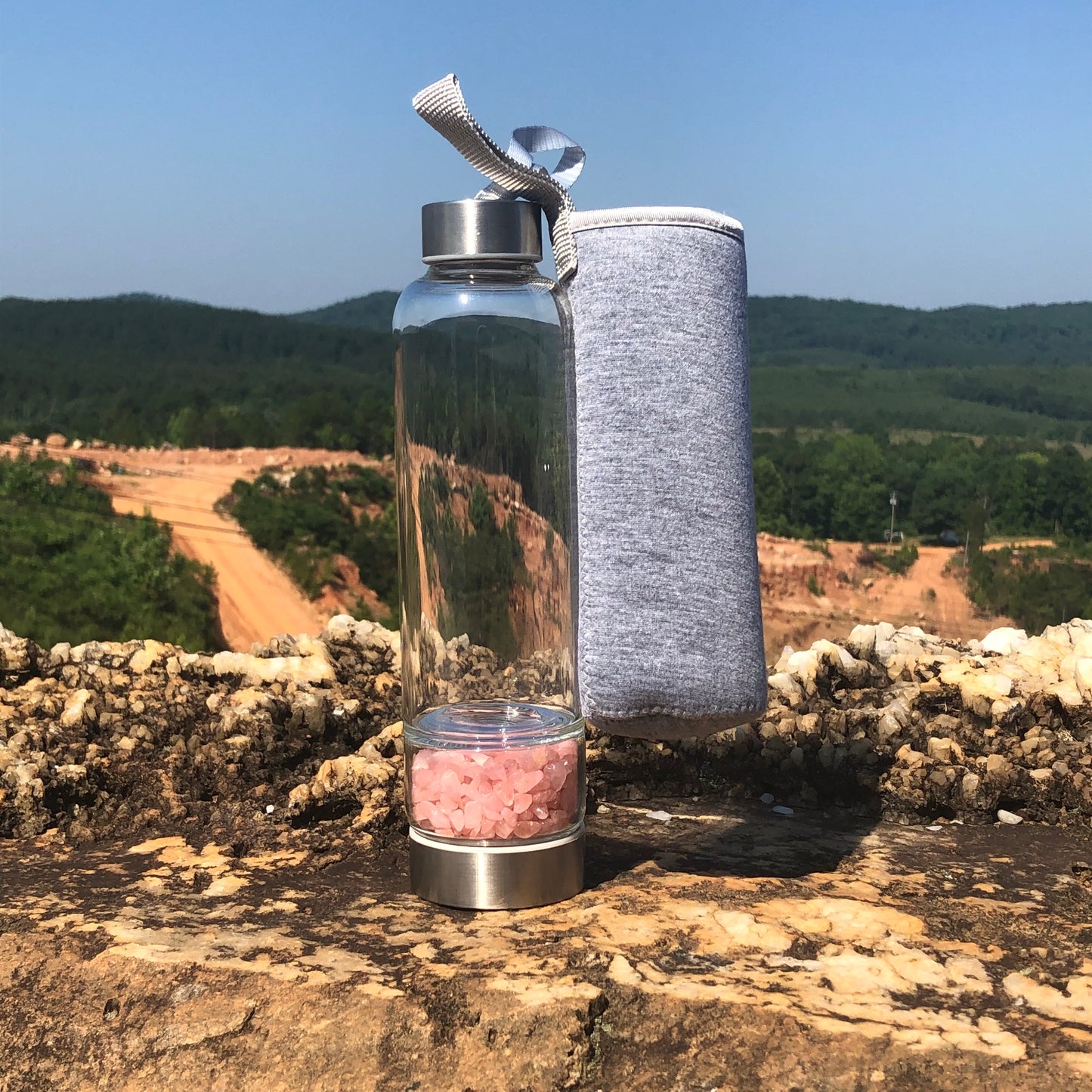 Rose Quartz Chip Glass Water Bottle